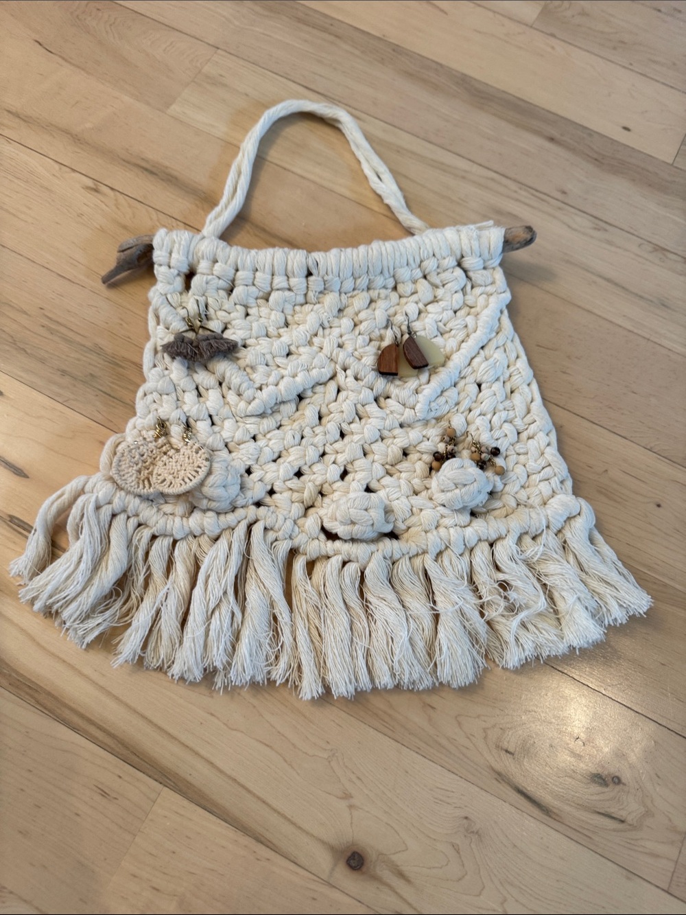Handmade white macrame wall hanging organizer + 4 pair earrings-Boho-Hippie